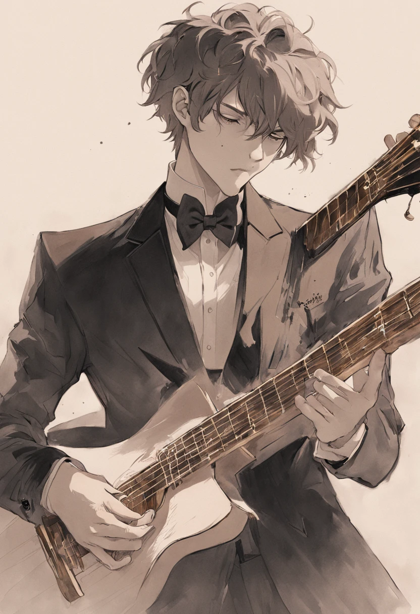 [On a blank piece of paper, A realistic portrait of handsome James playing guitar is drawn in graphite pencil. He is in the profile, Look ahead with serious eyes, Condensed expression. He wears a black suit，With a bow tie. He holds the guitar with both hands..., Supporting his chest. The guitar has gold and black details. The design is inspired by Will Costa's style, Brazilian illustrator doing surreal work with pencil.]
