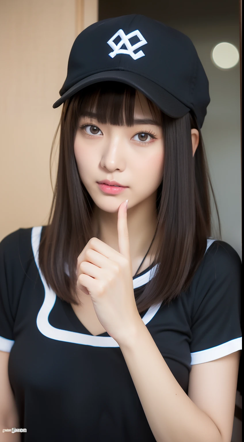 4K,top-quality、masutepiece、hight resolution、Photoreal Stick、Cute 20 year old Japan woman、Face like an idol、A dark-haired、Blunt bangs、skin tanned、wearing a baseball cap、Realistic pictures of cute girls、gyaru fashion、Shinkansen Station、Looking at the camera