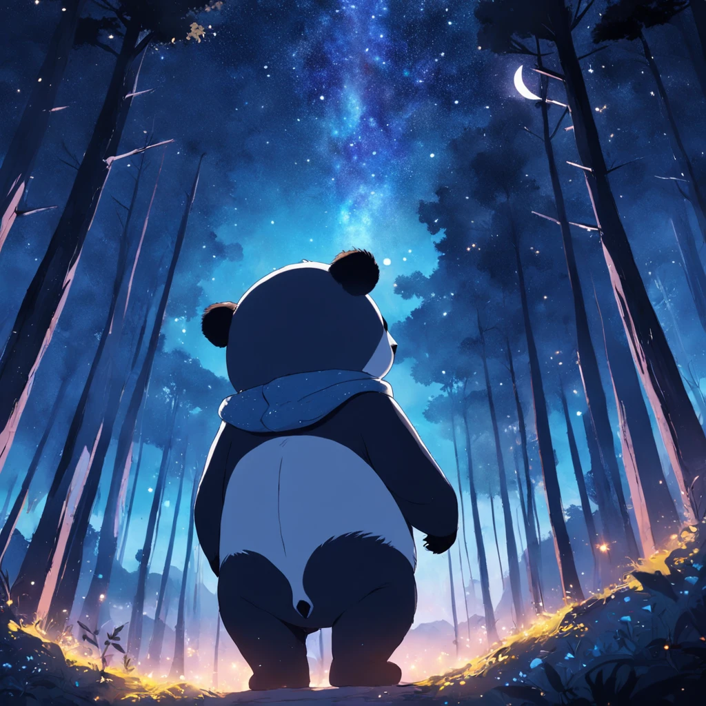 tmasterpiece,best qualityer,cinematic Film still from,1 panda,natta,Panda in forest looking up at the stars,Turn your back to the stars,Starry sky,spark of light