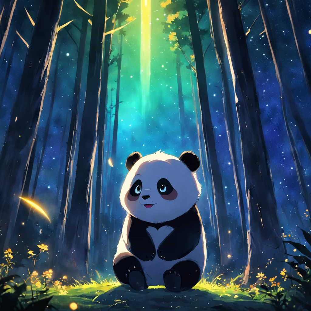 tmasterpiece,best qualityer,cinematic Film still from,1 panda,natta,Panda in forest looking up at the stars,Turn your back to the stars,Starry sky,spark of light