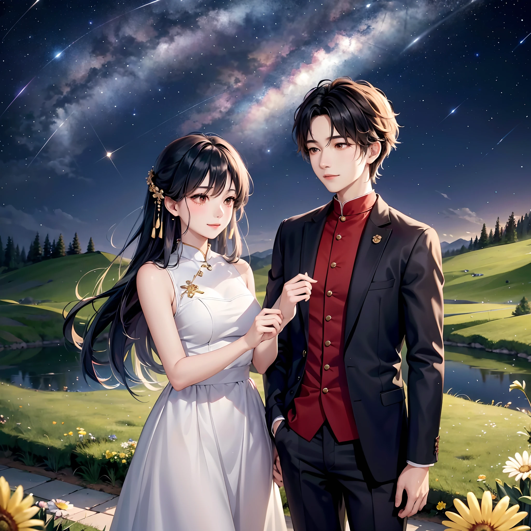 ，masterpiece, best quality，8k, ultra highres，（a young man and a woman），Under a peaceful and beautiful starry sky，A young couple strolling hand in hand across the endless grasslands。The flowers of the steppe give off a charming fragrance，The breeze ruffled the hair of the two，It gives a warm and peaceful feeling。The stars in the night sky shimmer softly，It was like countless diamonds falling at the feet of the two。suddenly，A brilliant shooting star crossed the sky，Cut through the dark universe，It brings blessings of happiness。The two watched the moment the meteor crossed by，A sweet ripple rippled in my heart，It's like seeing the beauty of the future。
