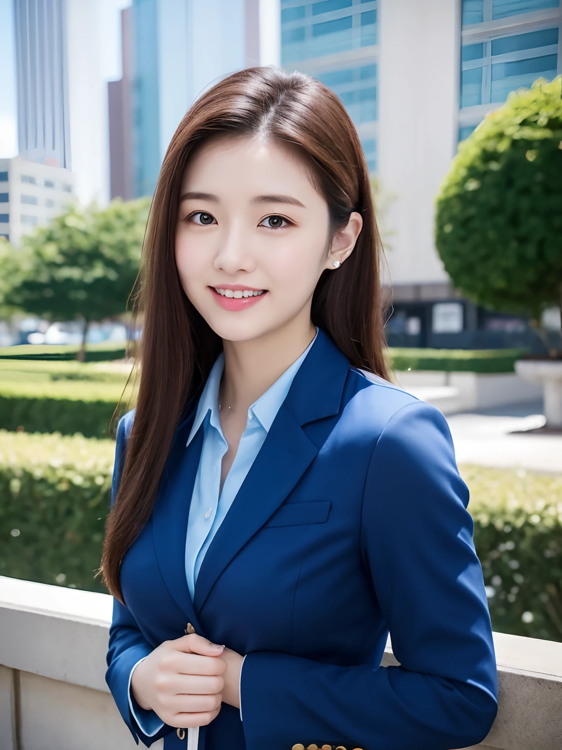 Partial close-up of avatar, 23-year-old female, 35mm masterpiece, Navy suit and mini bag, Gently support your chin with your left hand, Place your right hand on your chest, Smiling, The background is a shallow depth of field in the office。