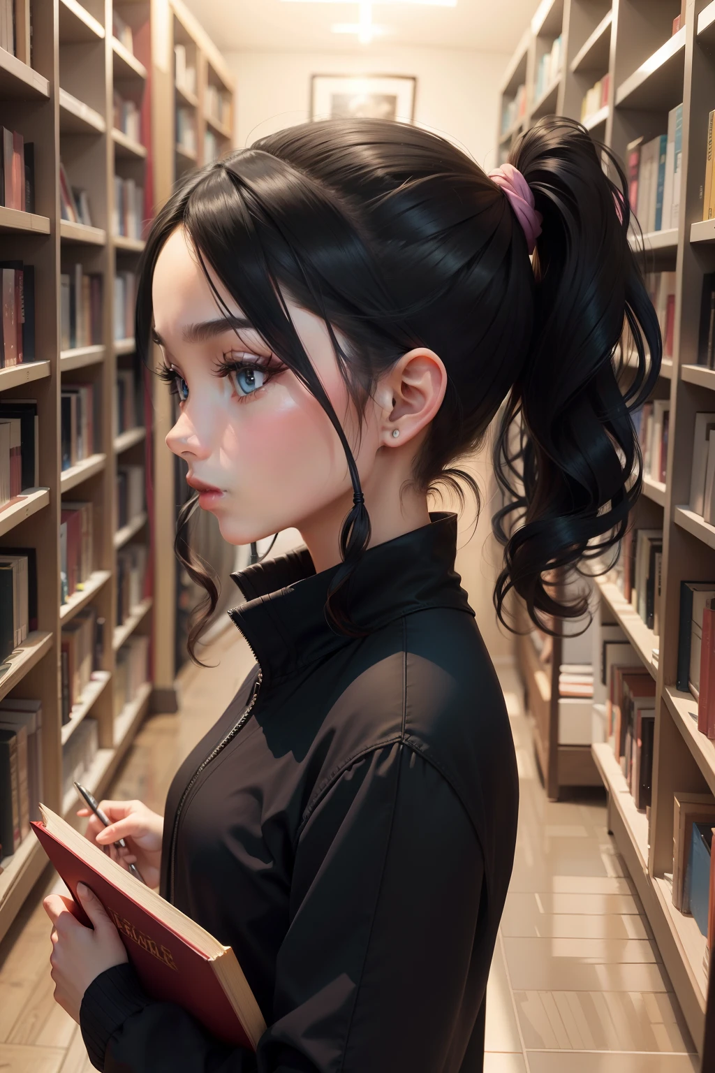 Black double ponytail hair,Two-dimensional girl,looking at book