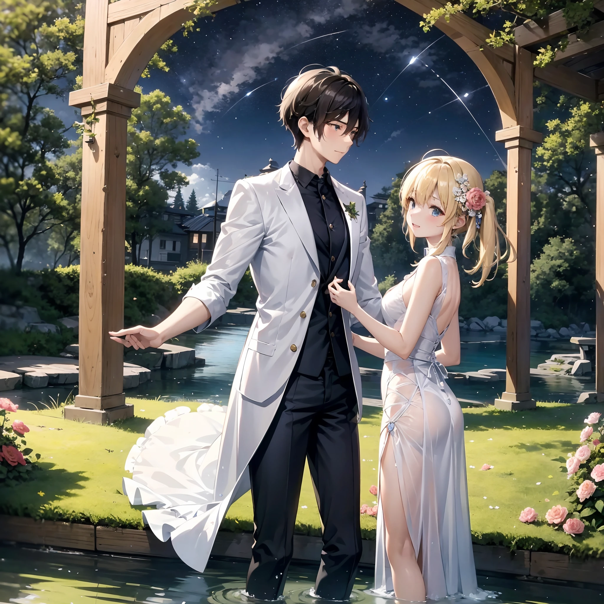 ，Masterpiece, Best quality，8K, 超高分辨率，（a young man and a woman），In a mysterious forest，Couple standing on an ancient bridge。The stream under the bridge is gurgling，The water is full of stars，It's like a magical starry world。The lover walked forward，The stream under the bridge suddenly became blue and transparent，And the clothes on their bodies have also become gorgeous evening dresses。Sweet music wafts in the air，They started dancing。With the change of melody，The surrounding flowers and trees also danced with it，Scene integration，Fantastic dream。