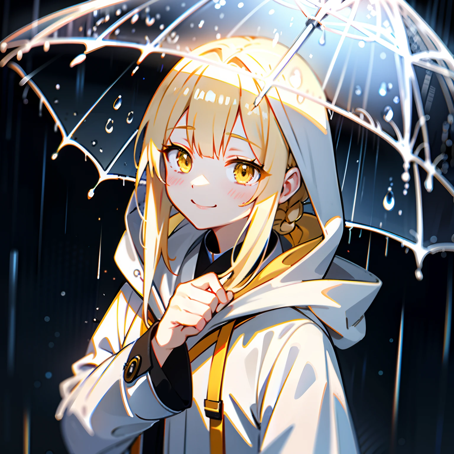 girl, Blonde hair, Yellow Eye, Rain, Looking down, Smile, White raincoat, Hood Up, Town、Shoku、Facial expressions、mournful、Sateen