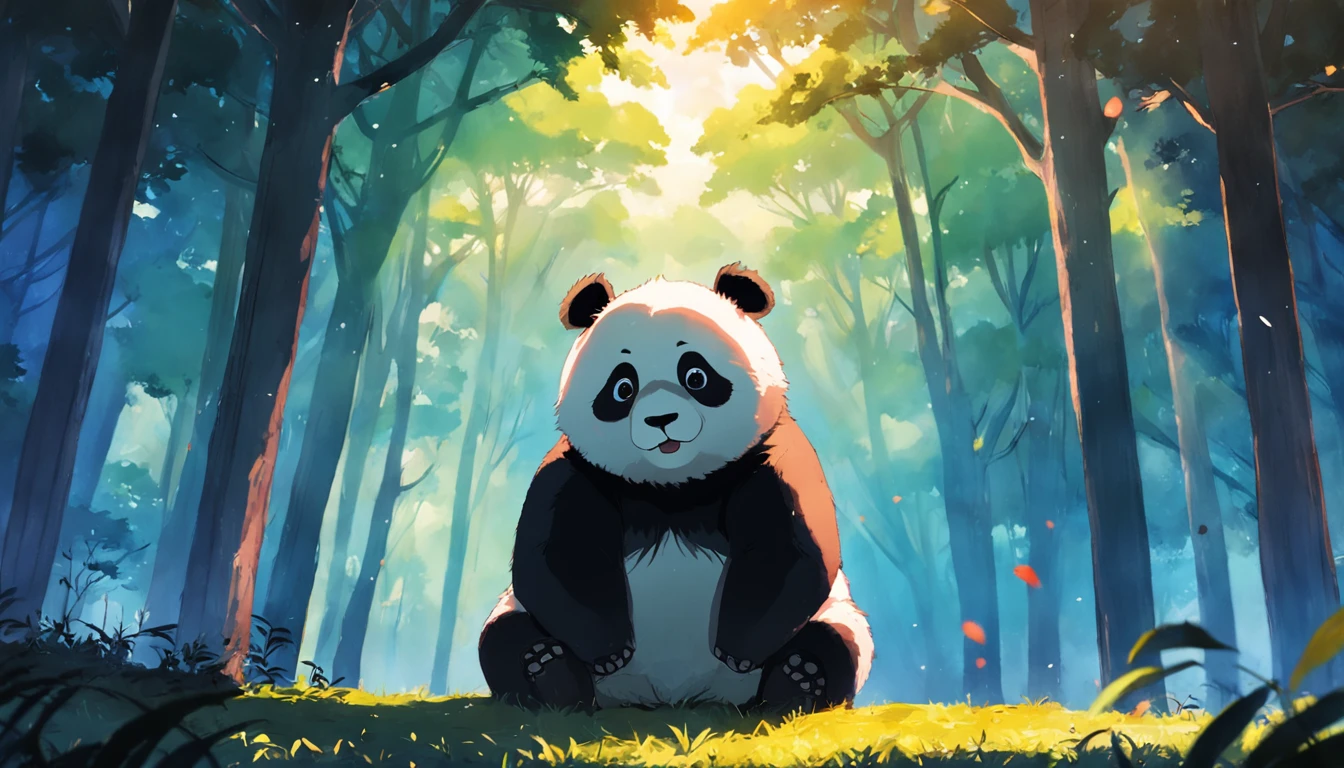 tmasterpiece，best qualityer，cinematic Film still from，1 panda，brightly，cheerfulness，Soft lighting and warmth，natta，Panda looking up at the sky in the forest。