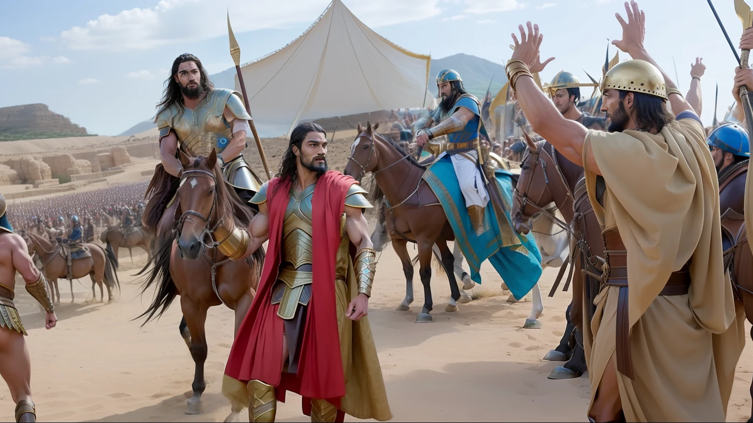 Image of a man on a horse with a crowd of people, biblical epic movie, cena do filme live action, jason momoa as assyrian, action scene from the film, Adam Driver como um guerreiro centauro, ainda de um filme live action, epic scene of zeus, na captura de tela do filme 300, cena!!