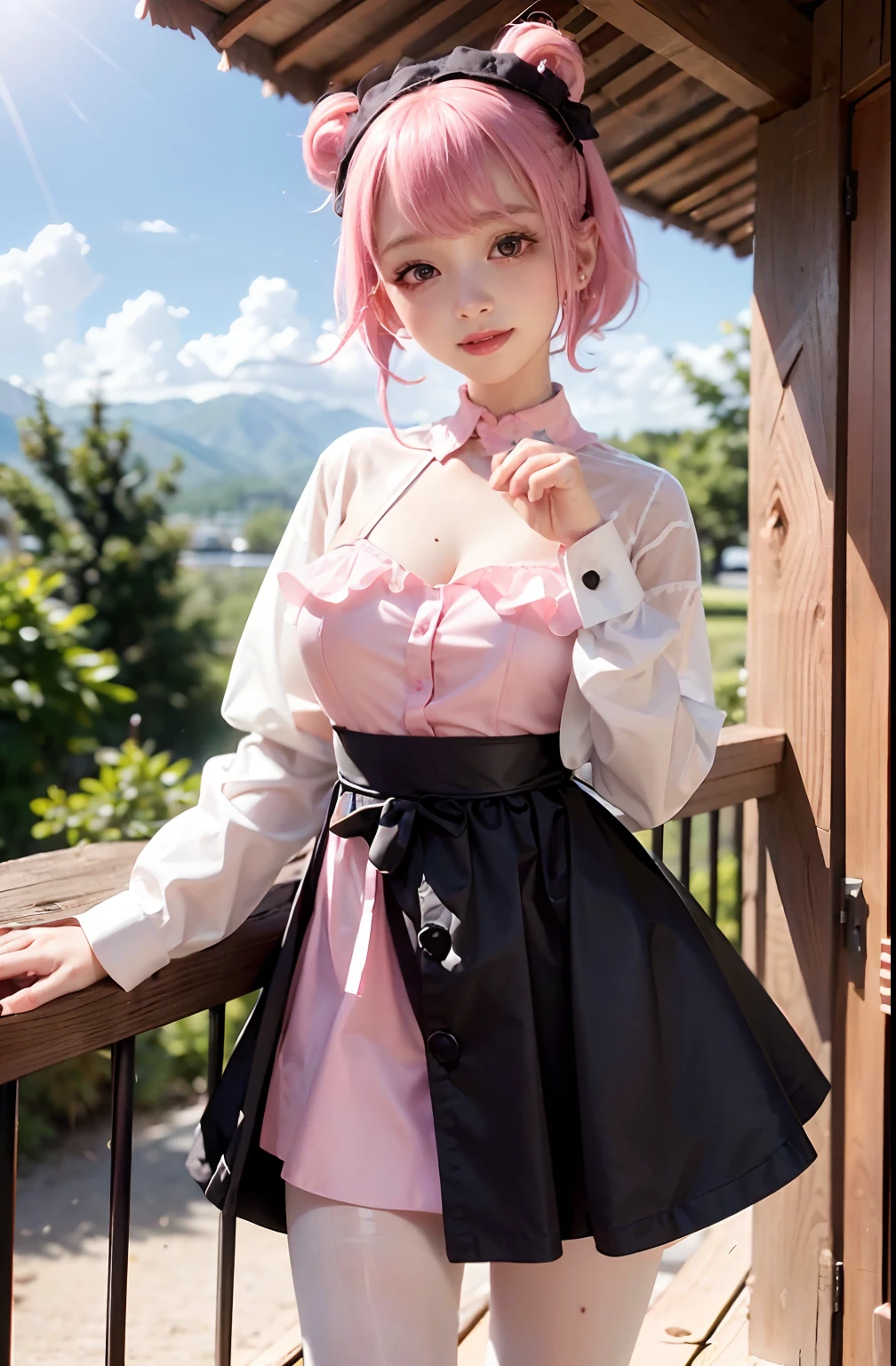 8k resolution, high resolution, single, girl, fair skin, big eyes, long eyelashes, sweet silkworm, deep eyes, lipstick, smile, ((pink hair)), messy hair, hair details, face details, ((white slip shirt)), ((black dress)), summer sun, nature, cute little animals, cute girl, silly cute, girly, white tights