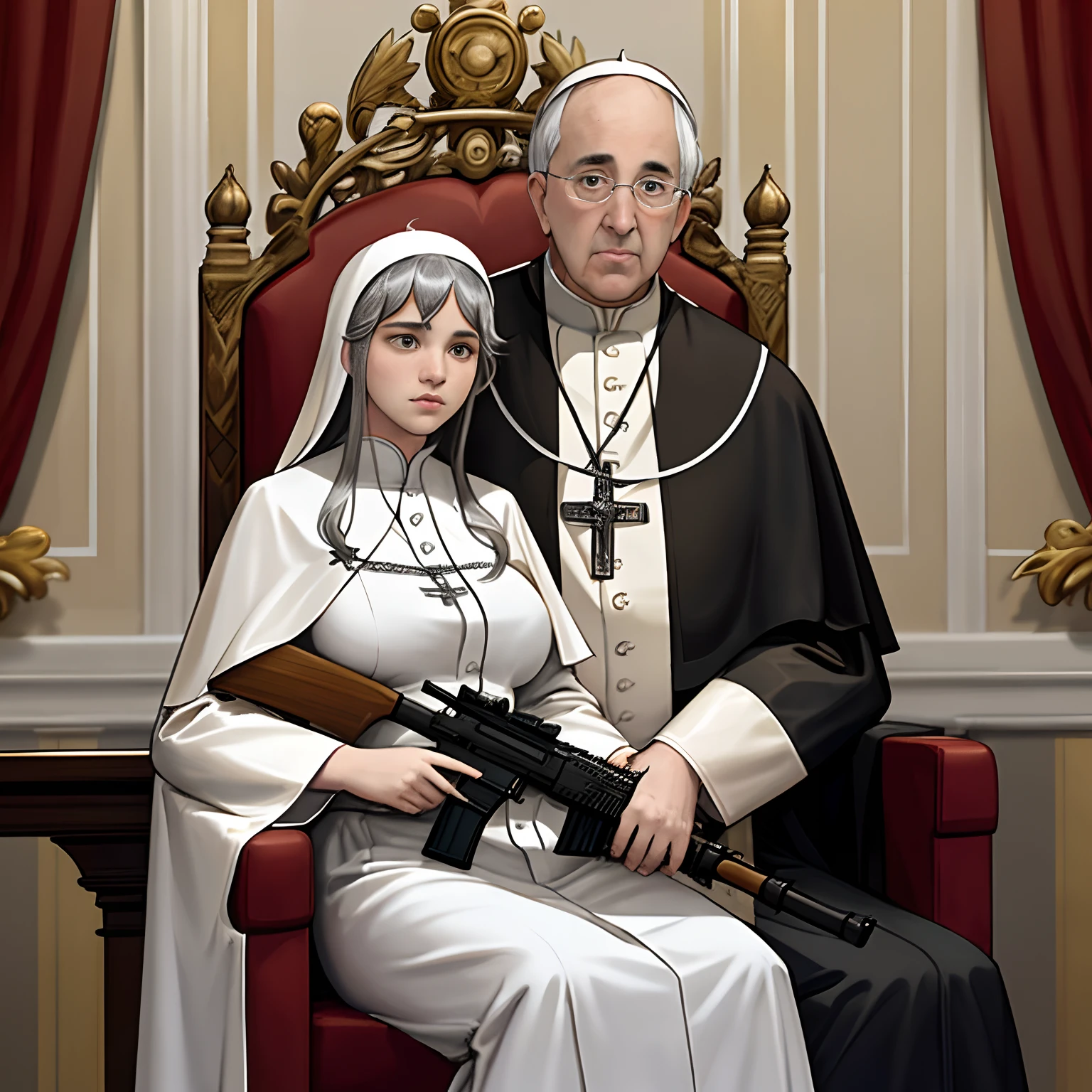 Pope Francis wearing pope's robe holding a machine gun up and is a naked 18-year-old woman sitting on his lap with large breasts