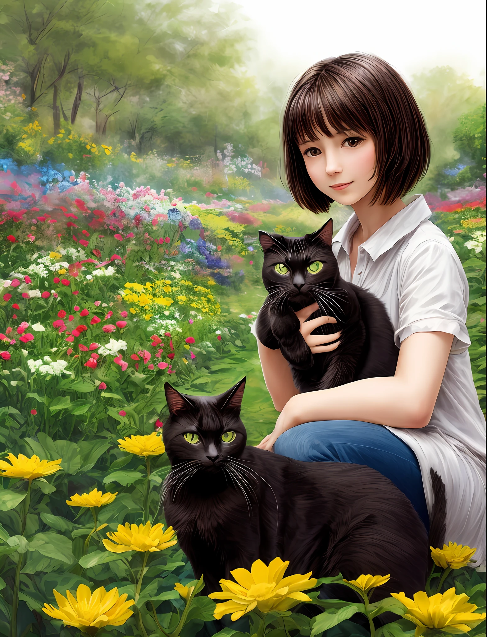 a short-haired girl holding a cat in a flower garden