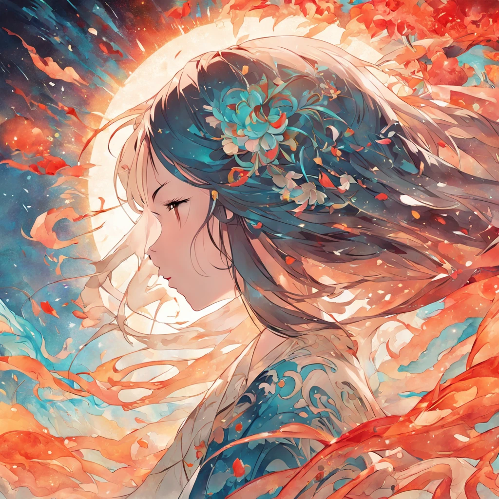 (White background:1.4),(Silhouette of a girl's head, Eyes closed, colorfull long hair, Oriental elements),(Chinese illustration:1.3,paper art:1.3, Quilted paper art:1.2),( reasonable design, Clear lines, High sharpness,Best quality, Very detailed, Masterpiece, movie light effect, 4K )