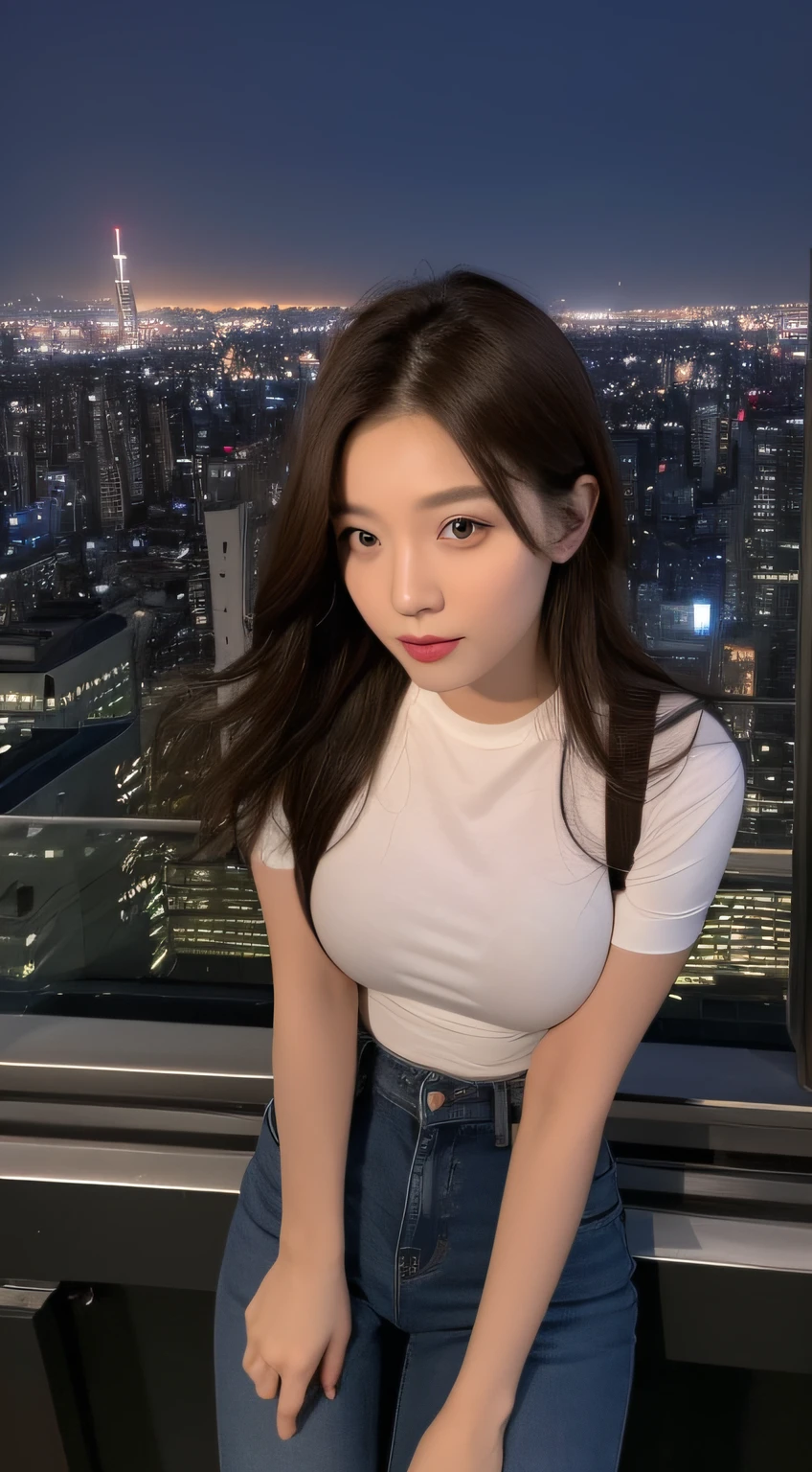 ((Midnight, Best quality, 8k, Masterpiece :1.3)), Whole body, Long legs, Sharp focus :1.2, A pretty woman with perfect figure :1.4, Slender abs :1.1, ((Dark brown hair, Big breasts :1.2)), (White tight tshirt, Jean bib, Standing:1.2), ((Night city view, Rooftop:1.3)), Highly detailed face and skin texture, Detailed eyes, Double eyelid