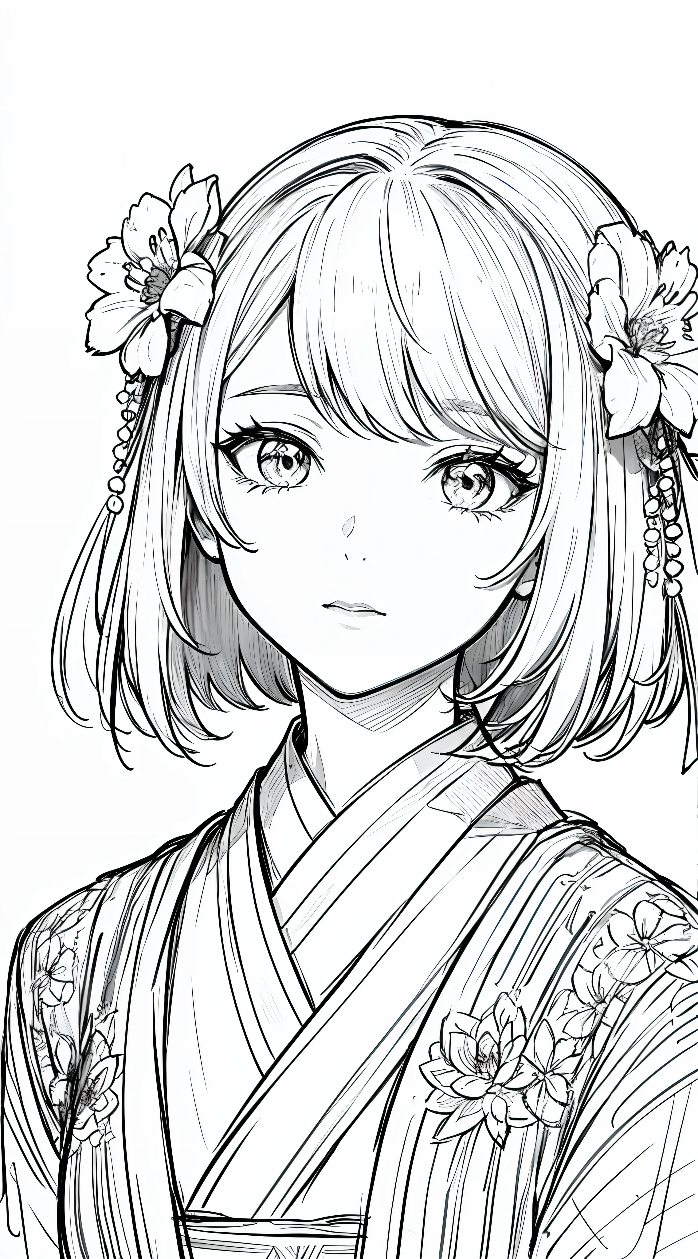 masterpiece, acura, doll, solo, hanfu, short hair,close-up, flower line drawing background, white background, monochrome, line drawing, ((sketch))