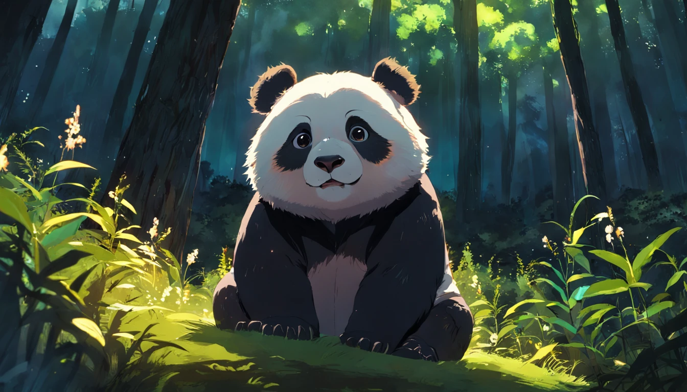 tmasterpiece, best qualityer, cinematic Film still from, 1panda, Close-up, brightly, cheerfulness, Soft lighting and warmth, natta, Panda looking up at the stars in the forest
