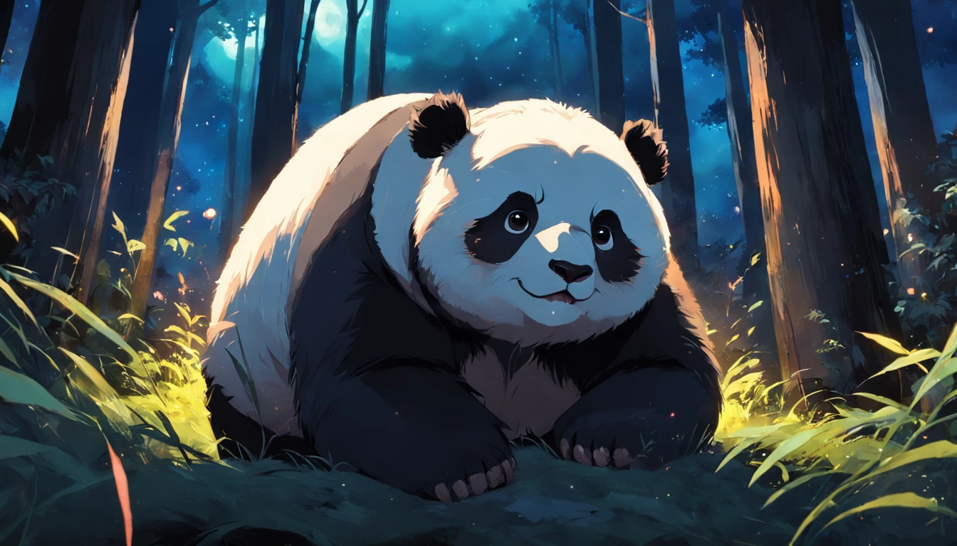 tmasterpiece, best qualityer, cinematic Film still from, 1panda,  Close-up, brightly, cheerfulness, Soft lighting and warmth, natta, Panda looking up at the stars in the forest