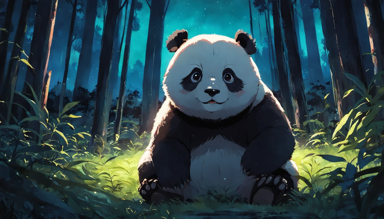 tmasterpiece, best qualityer, cinematic Film still from, 1panda, Close-up, brightly, cheerfulness, Soft lighting and warmth, natta, Panda looking up at the stars in the forest