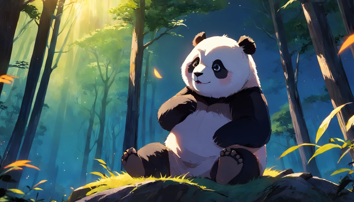 tmasterpiece, best qualityer, cinematic Film still from, 1panda,  Close-up, brightly, cheerfulness, Soft lighting and warmth, natta, Panda looking up at the stars in the forest