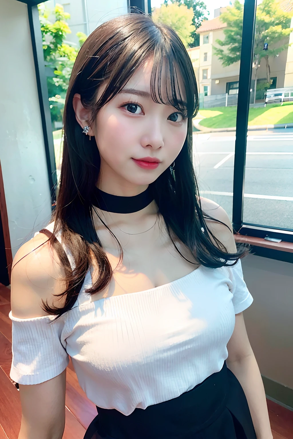 top-quality、超A high resolution、(Photorealsitic:1.4)、女の子1人、Off-shoulder white shirt、Black tight skirt、Black Choker、(faded ash gray hair:1)、(huge-breasted:1.2)、looking at viewert、a closeup、^_^the chest should be slightly smaller。