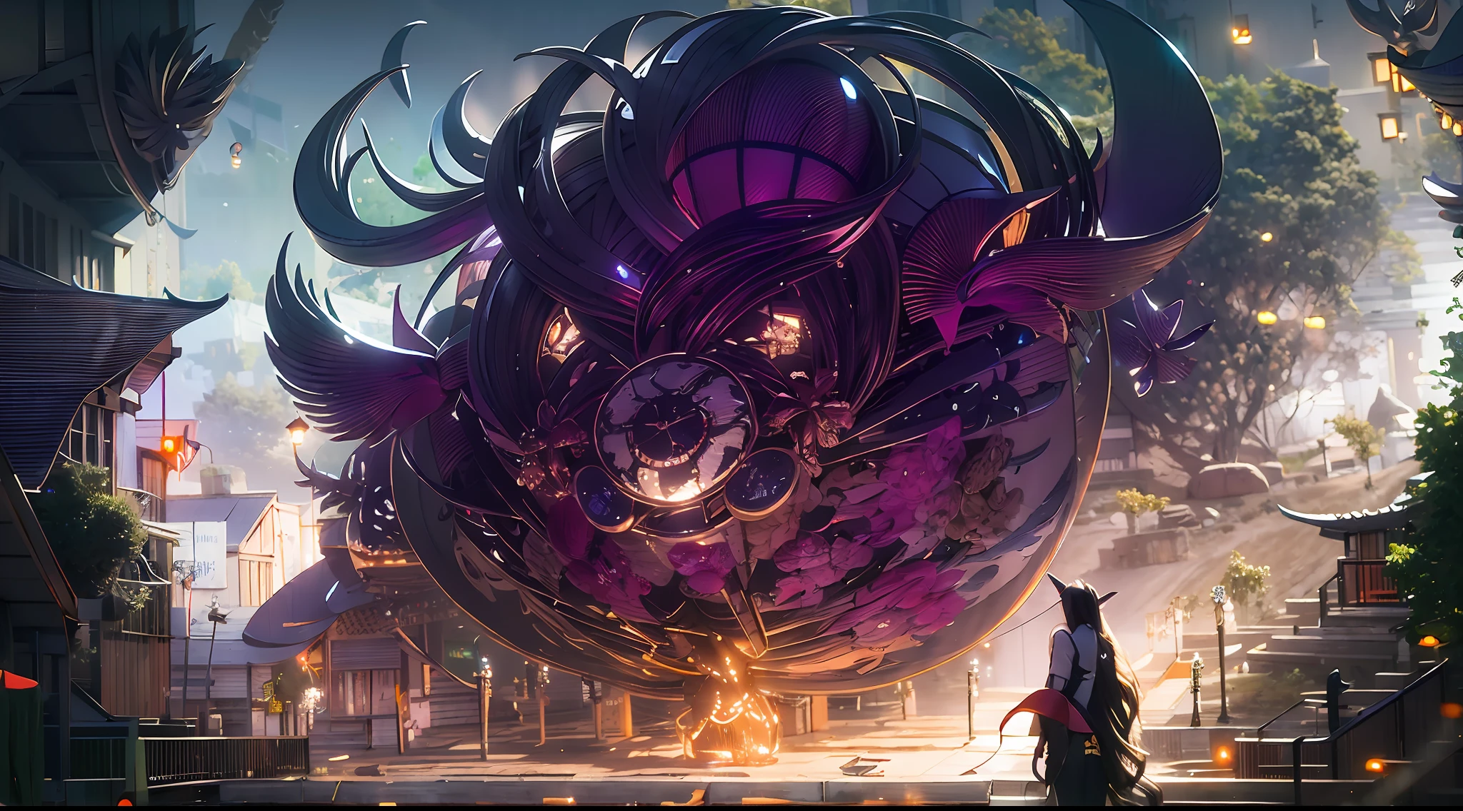 In this super grand scene,The wide-angle lens captures a striking picture。Two figures stand at opposite ends of the picture,The background is the collapse of heaven and earth,The lying corpses of the Heavenly Immortal Buddhas were as large as mountains, stretching across the void boundlessly,The golden sea of blood stretched to the sky,The Avenue of the Three Realms was broken,And in the boundless chaotic darkness。Above all,The figure of the weaver girl is graceful,Stand at this dark end,Like a blazing flame in the night,Like the goddess of darkness in a fairyland,Her presence exudes a majestic and majestic evil aura。She holds the Pauline lamp in her left hand,This is an artifact that symbolizes life and guardianship,The gentle glow of the lamp illuminates the cowherd,The right hand holds the heaven-opening axe,It was an ancient artifact that opened the world,The lines on the blade of the axe reveal ancient authority。There was fanaticism and determination in her eyes,As if a warrior in the dark,Do whatever it takes for some kind of goal,It seems to be an existence with endless wisdom。And across from her,It was the cowherd wearing a black robe,The black and yellow giant bull's head shadow stood behind him。This black scalper is huge,Carrying heavy history and strength。Its horns shone with a grim glow,It symbolizes an unshakable and firm will。His gaze is deep and powerful,As if it can penetrate the darkness,Find the light of hope。His battle robe fluttered in the wind,Reveals his bravery and determination。In front of it all,A thousand-square-foot high Magpie Bridge spans the void,Connecting darkness and light,It is a bridge beyond time and space built by countless hopes and loves incarnated as magpies。The Magpie Bridge emits a starry river,Like the last light between heaven and earth,A glimmer of hope for a world shrouded in destruction and darkness。The cowherd and the blackened seven fairies looked at each other and laughed,The eyes are full of tacit understanding and
