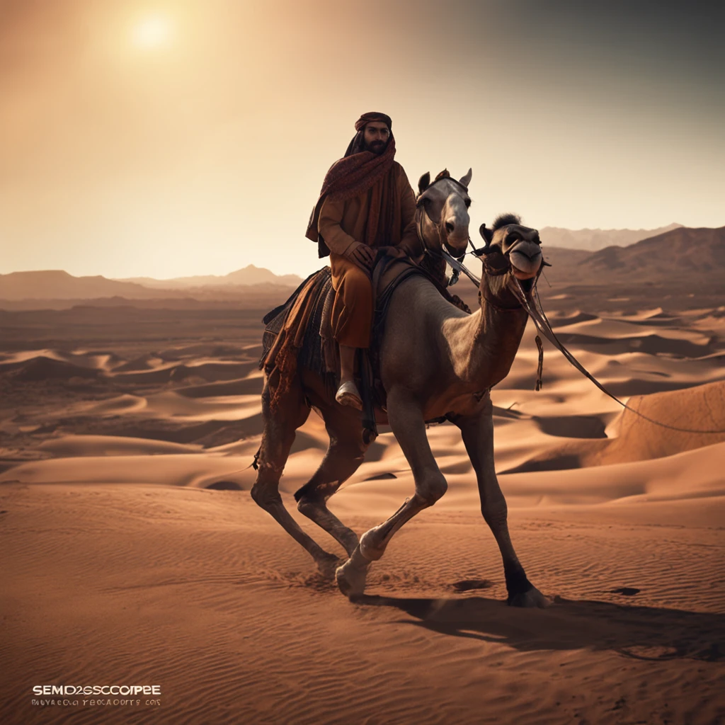 best quality, master part, ultrahigh-resolution, (fotografia realista:1.4), Surrealismo, Semelhante a um sonho,FusionArt, Shadow dancer, magia das sombras, Darkness Control, furtividade, passo da sombra, Umbral spells, hidden blade, an Arab king riding a camel