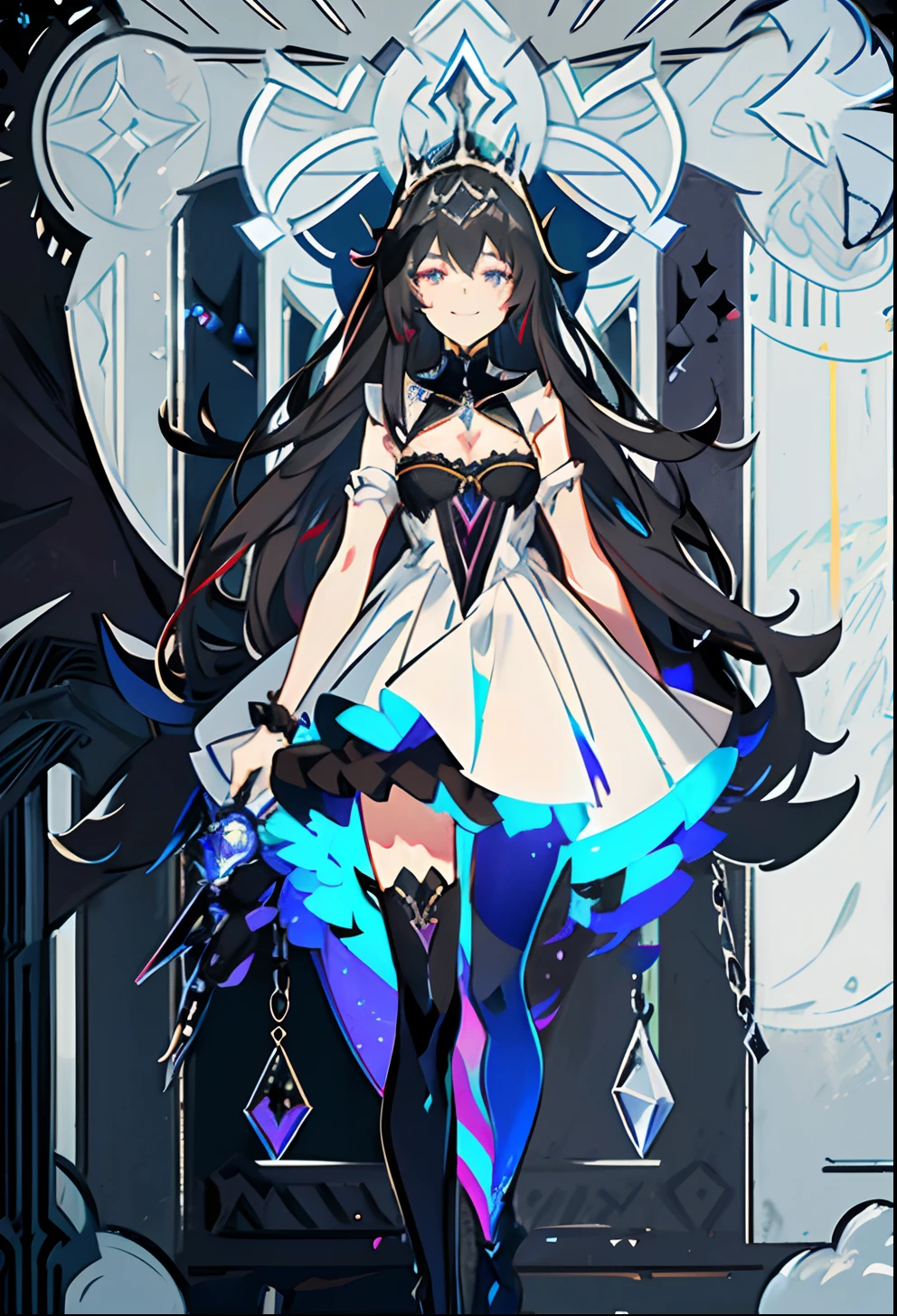 1 girl, witch, wearing a tiara, wallpaper, whole picture, grey wall background, dark picture, dark alley in background, ruined wall background, asymmetric hair, boob window, black thigh_highs, grey hair, multicolored hair, long hair, medium breasts, psycho smile, evil_smile, dark purple eyes, view from the side, looking at viewer, broken chains, neon lights in background, laughing, ruffled hair, white royalty dress, holding a black scepter, 1 glowing pitch black eye