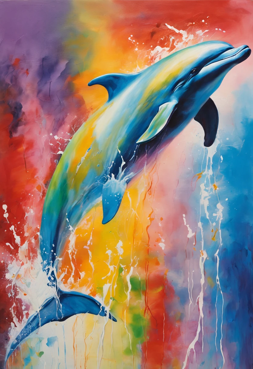 Painting of a dolphin jumping out of the water, Dolphins, painted in bright water colors, Dolphin jumping