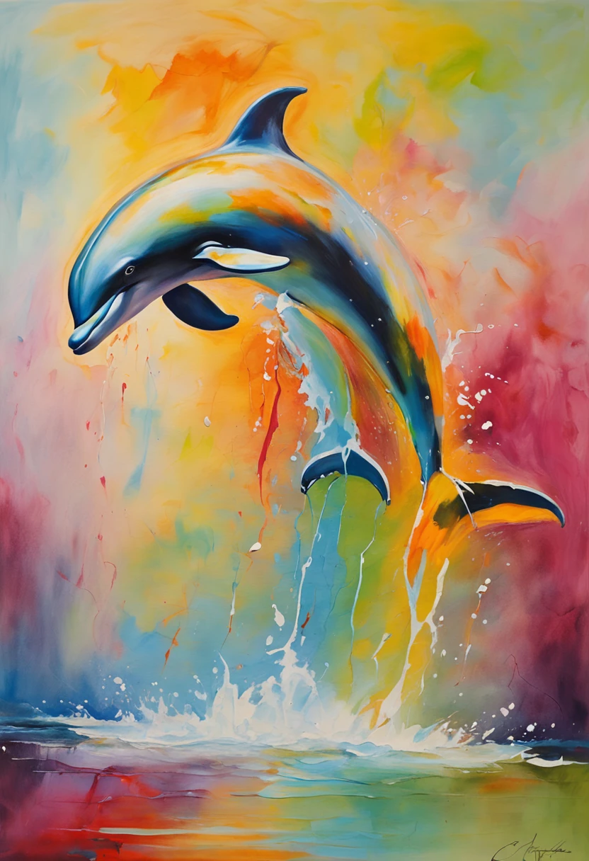 Painting of a dolphin jumping out of the water, Dolphins, painted in bright water colors, Dolphin jumping