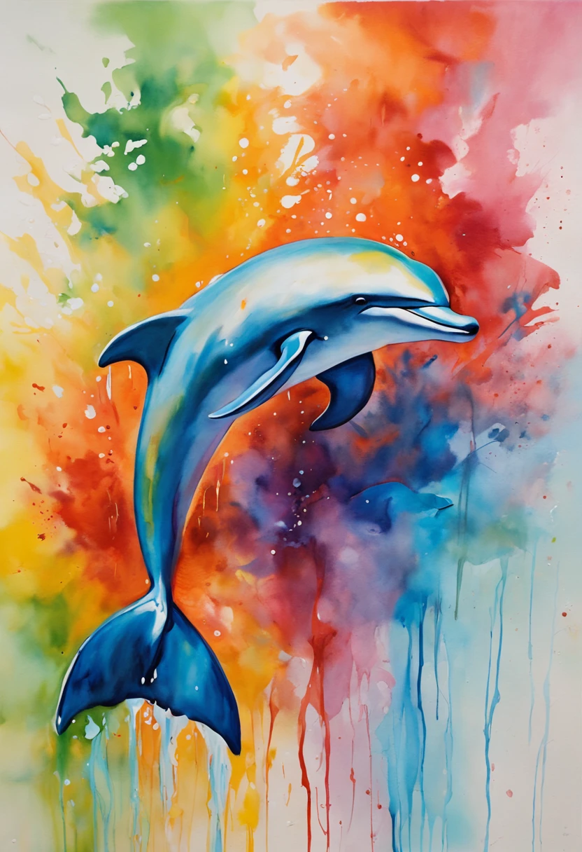 Painting of a dolphin jumping out of the water, Dolphins, painted in bright water colors, Dolphin jumping
