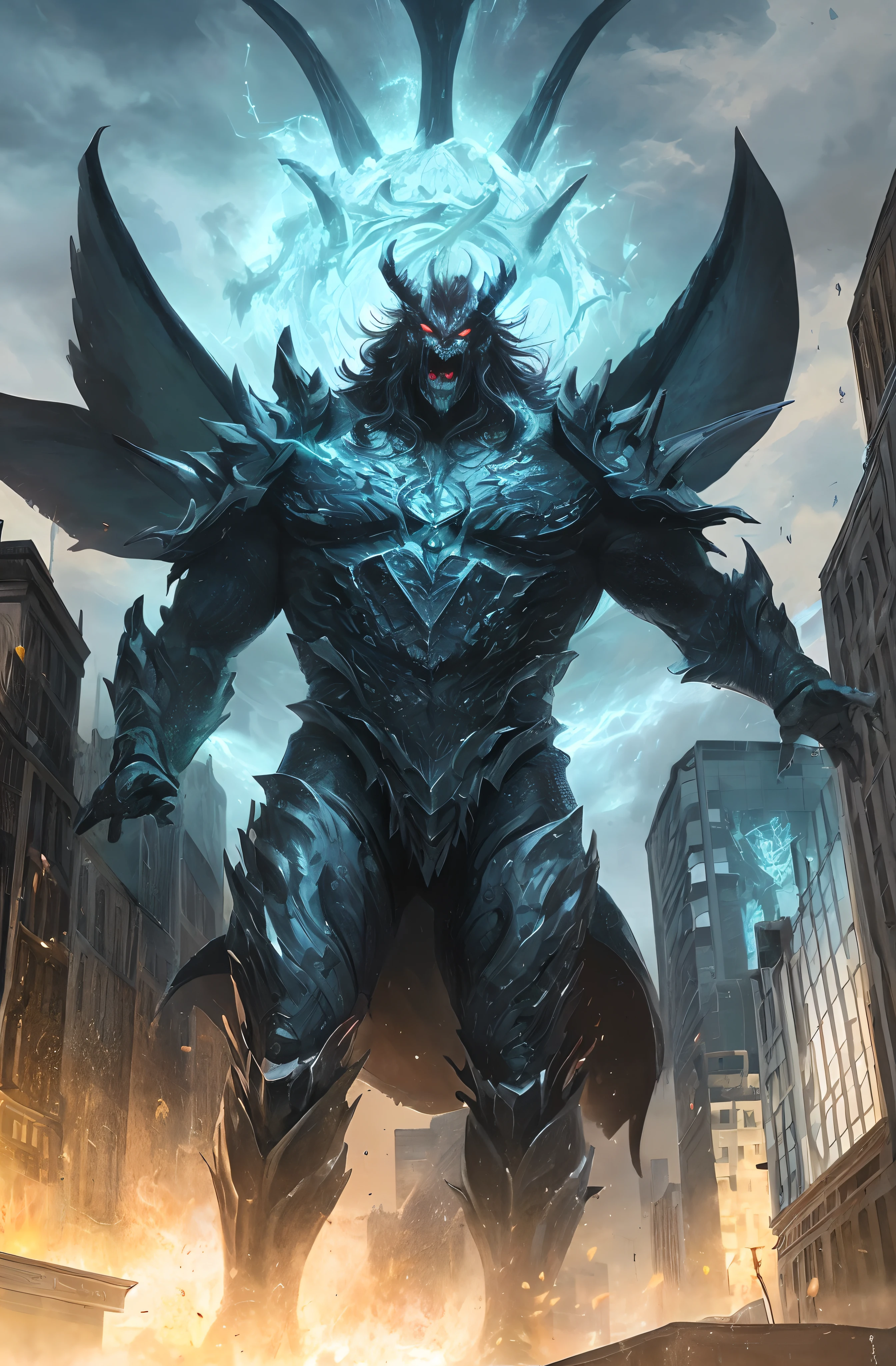 The demon king, Azphon, appeared in the heart of the city, his massive form towering above the buildings as he let out a thunderous roar that shook the foundations of the earth.
