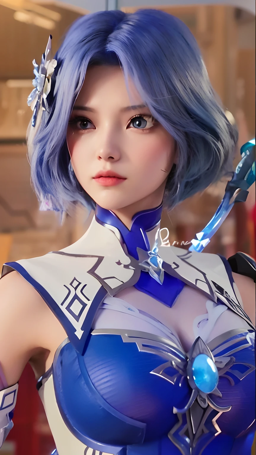 a close up of a woman with blue hair and a blue dress, portrait knights of zodiac girl, inspired by Leng Mei, azure. detailed hair, echo from overwatch, keqing from genshin impact, knights of zodiac girl, zhongli from genshin impact, pale blue armor, highly detailed exquisite fanart, anime highly detailed, anime styled 3d
