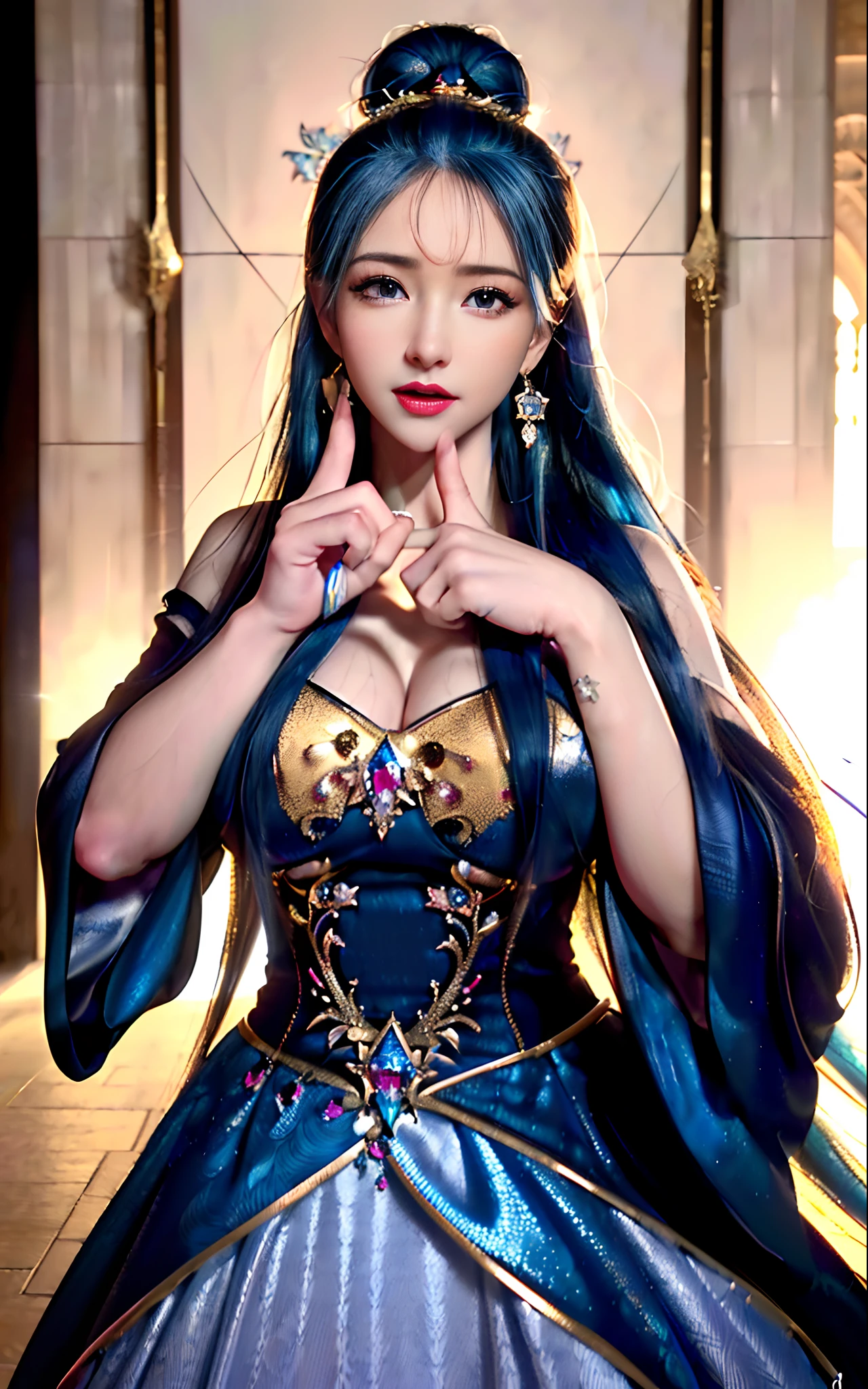 ((realisticity: 1.2)), ((realistic: 8K UHD)), ((best resolution: 8K UHD)), hyper detailed, best quality,masterpiece,highres,cg, ((1 girl hyper detailed and hyper realistic) ) , ((beautiful queen, hyper realistic and hyper detailed)),((white skin, beautiful, smooth, youthful, hyper realistic and hyper detailed )), ((Face hyper beautiful, white, hyper realistic and hyper detailed ) ), long hair, ((hyper realistic and hyper detailed dress)), solo, ((hyper realistic, hyper beautiful, beautiful and hyper detailed jewelry)), ((hyper beautiful deep red and golden yellow dress, hyper realistic and hyper detailed )) , ((Her pretty, hyper realistic, hyper detailed diamond filled earrings)), ((Her gorgeous diamond haircut, hyper realistic and hyper detailed)), ((hyper pretty upper body, hyper beautiful, hyper realistic and hyper detailed) ), ((medium breast: 1.1)), ((hyper realistic, hyper pretty, hyper detailed boobs)), ((the backgroun of the royal palace is hyper majestic, hyper realistic and hyper detailed)),((hands and palms hyper beautiful, hyper detailed, hyper realistic)), ((hyper detailed and hyper realistic fingers and fingernails)), ((hyper pretty fingernails, hyper vivid, hyper detailed, hyper realistic)), ((thumb, index finger, middle finger, ring finger, little finger hyper vivid, hyper pretty, hyper detailed, hyper realistic)), ((hyper beautiful fingers, hyper detailed, and hyper realistic)), ((posture not too fat and not too thin, hyper realistic, hyper detail)), ((hyper pretty, hyper pretty, hyper realistic and hyper detailed hair bun)), ((hyper pretty , hyper realistic and hyper detailed blue hair)), candid, Photo, high resolution, 8k , bokeh,