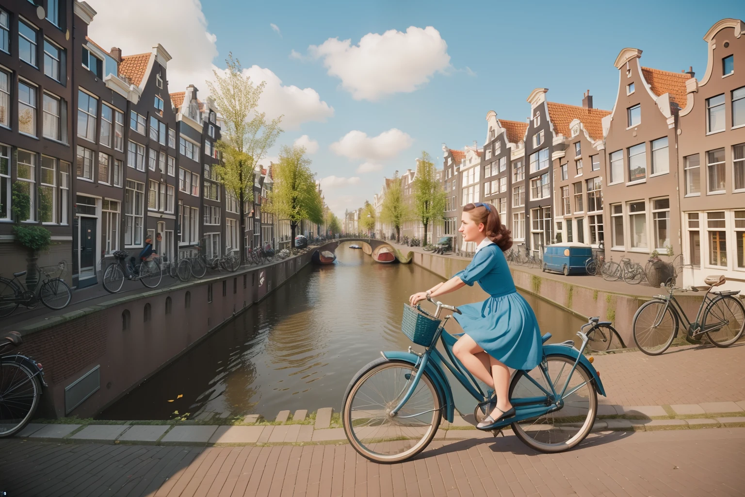 Date: 1952
Location: Amsterdam, Netherlands
Description: A cyclist leans into a sharp turn along a charming canal, her dress billowing in the wind as she navigates the cobbled streets.