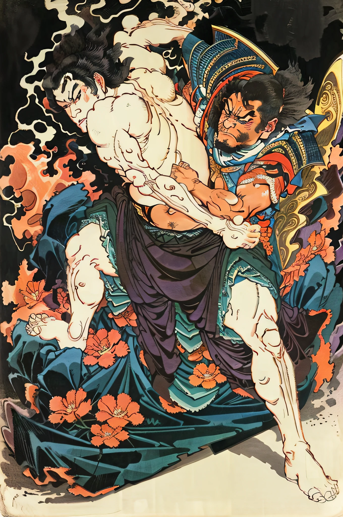 full bodyesbian，Big lance，the whole，Extreme detail description,Utagawa Kuniyoshi,(Emotional body movements:1.3), Best quality,(White background)
