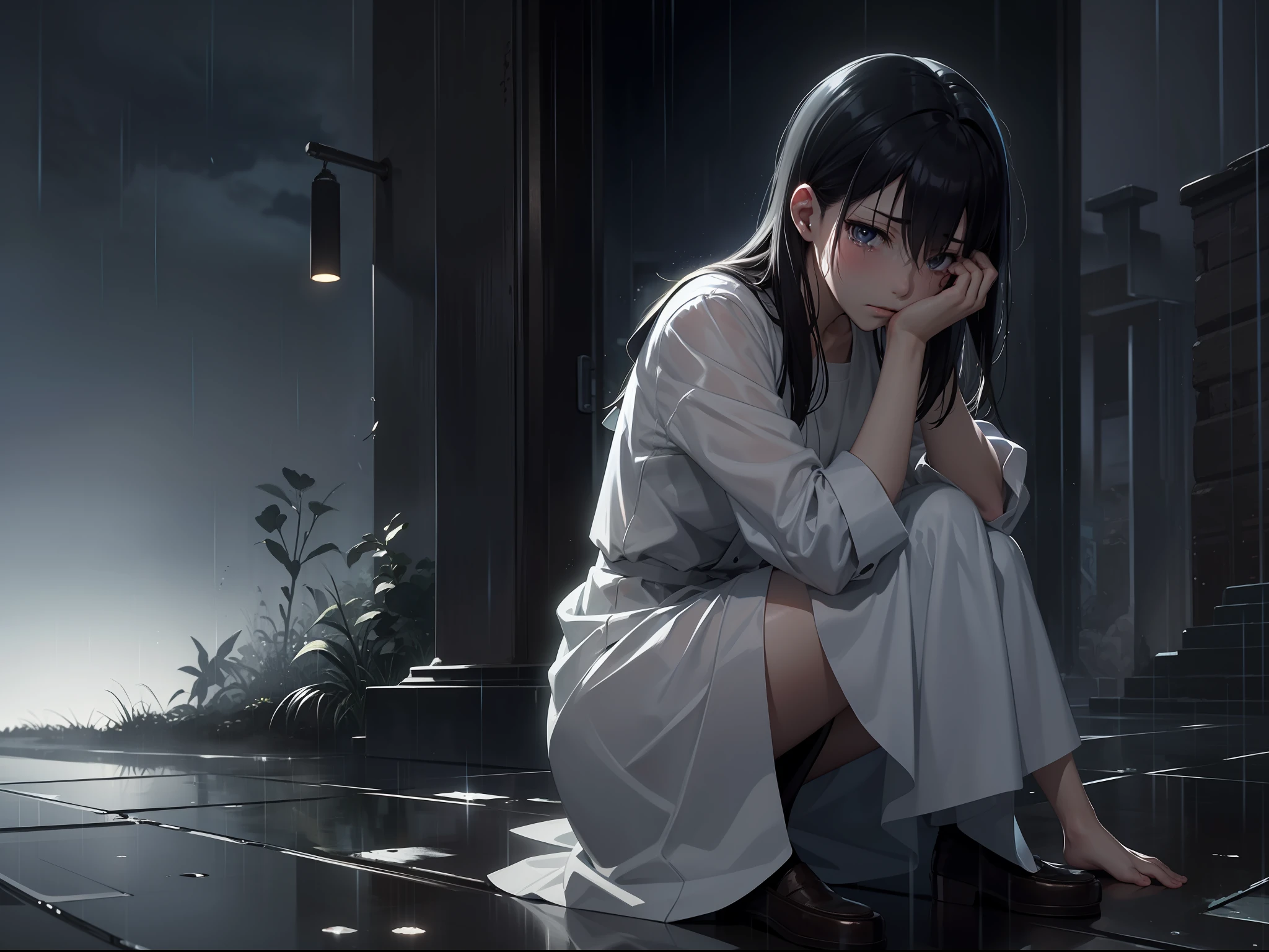sad anime girl, rain, looking at camera, dark ambience, makoto shinkai, tears, bleak, makoto shinkai, traditional outfit, anatomically correct, makoto shinkai, evening