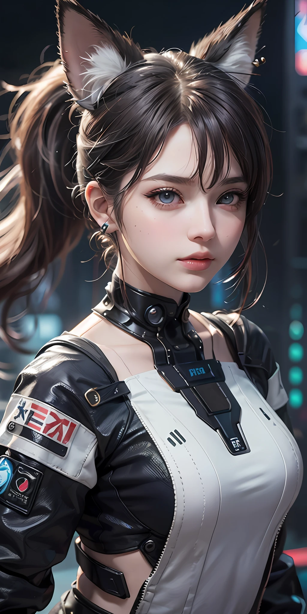 Cute girl, fox ears, long eyelashes, beautiful and detailed eyes, ponytail, bangs, wavy hair, messy hair, sci-fi style, cyberpunk clothes, final fantasy style, illusion 2.5D, bust