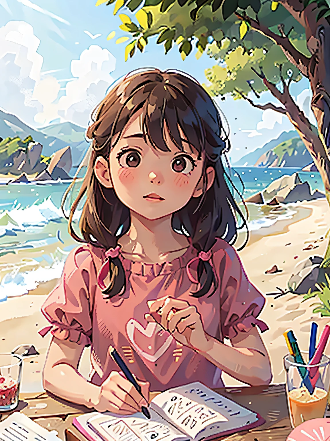 A girl dressed in pink,Behind you is the sea,Seaside background,
