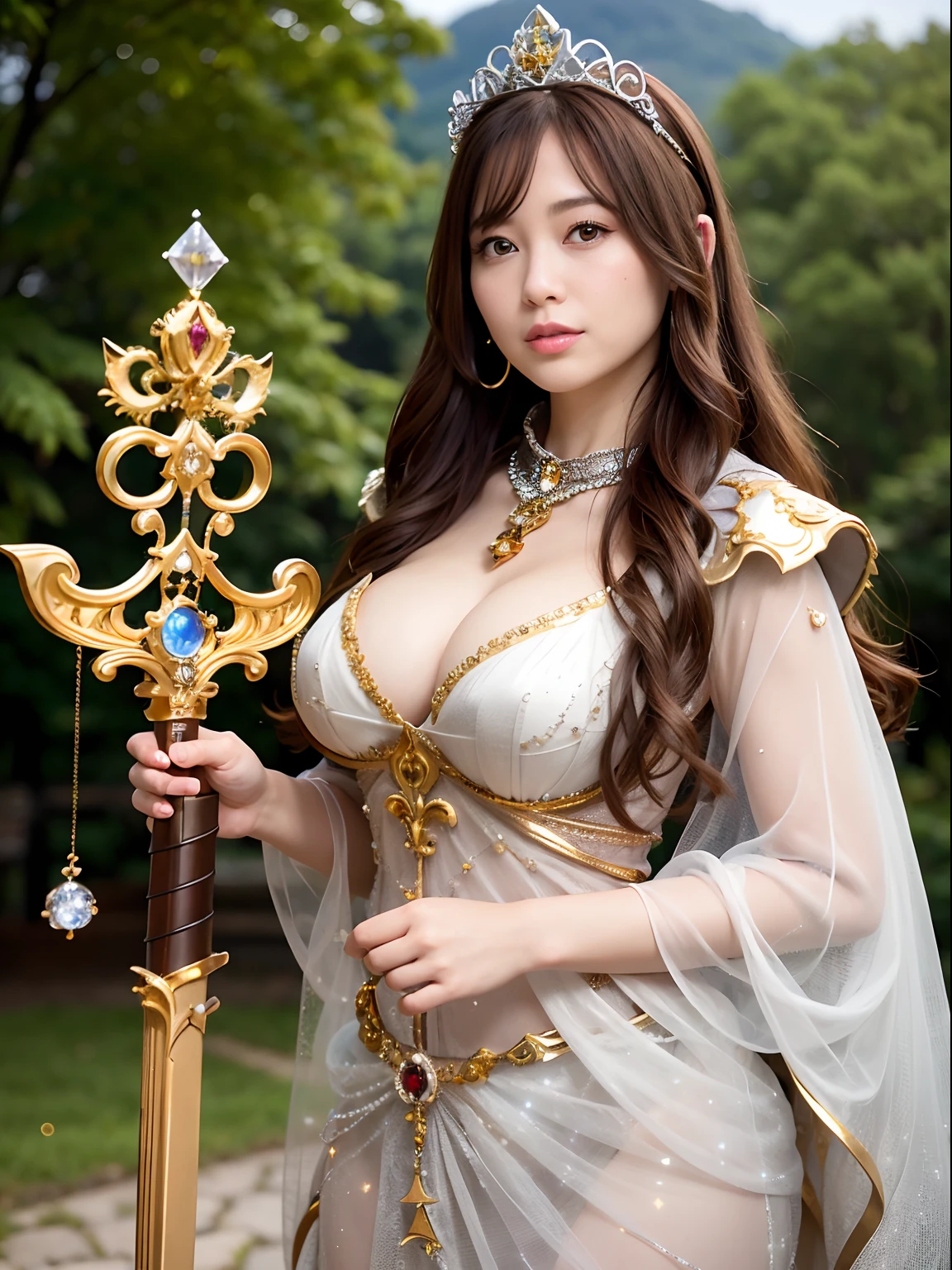 Professional , masterpiece、top-quality、photos realistic , depth of fields (Gemstone Silver Metal Body:1.9),(Matte Silver、Jewel Gold Weapon、(Gorgeous castle background)、(Jewel Metal Body:1.4),(Gorgeous Jewel Metal Weapons) , (Hold the detailed sword of the hero) ,( ) ,warhammer 40k , adepta sororitas,Detail and ornate jewel crown、Brown hair、(Gangle's forest background)、1a person、dynamic ungle,(((Diamond tiara with detail and luxury)))、a small face、A smile、Powerful poses、(Gorgeous castle background)、huge filesize、20 year old beautiful woman、Stand in the center of the screen、Thin female fingers、Straight long hair、Beautiful Caucasian beauty、Mystical expression、Lightly open your mouth、,Luminescent particles,light scattering,Tindall Effect、cleavage of the breast、