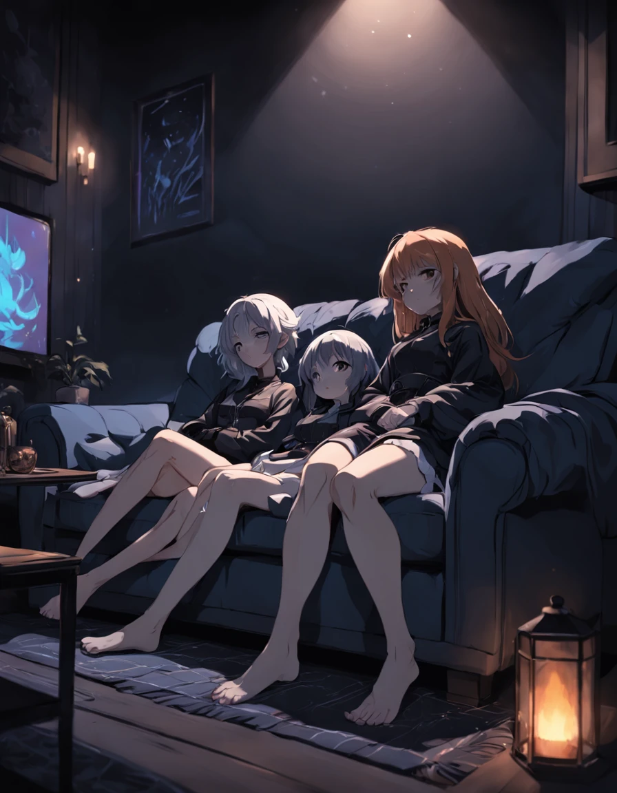 There are three people sitting on a sofa with a black background, complete darkness background, Background ( Dark _ smokiness ), background inside dark, thick black lineart, dark backround, backround dark, darkness's background, full body close-up shot, very dark background, thick lineart, he holds her while she sleeps, background inside dark