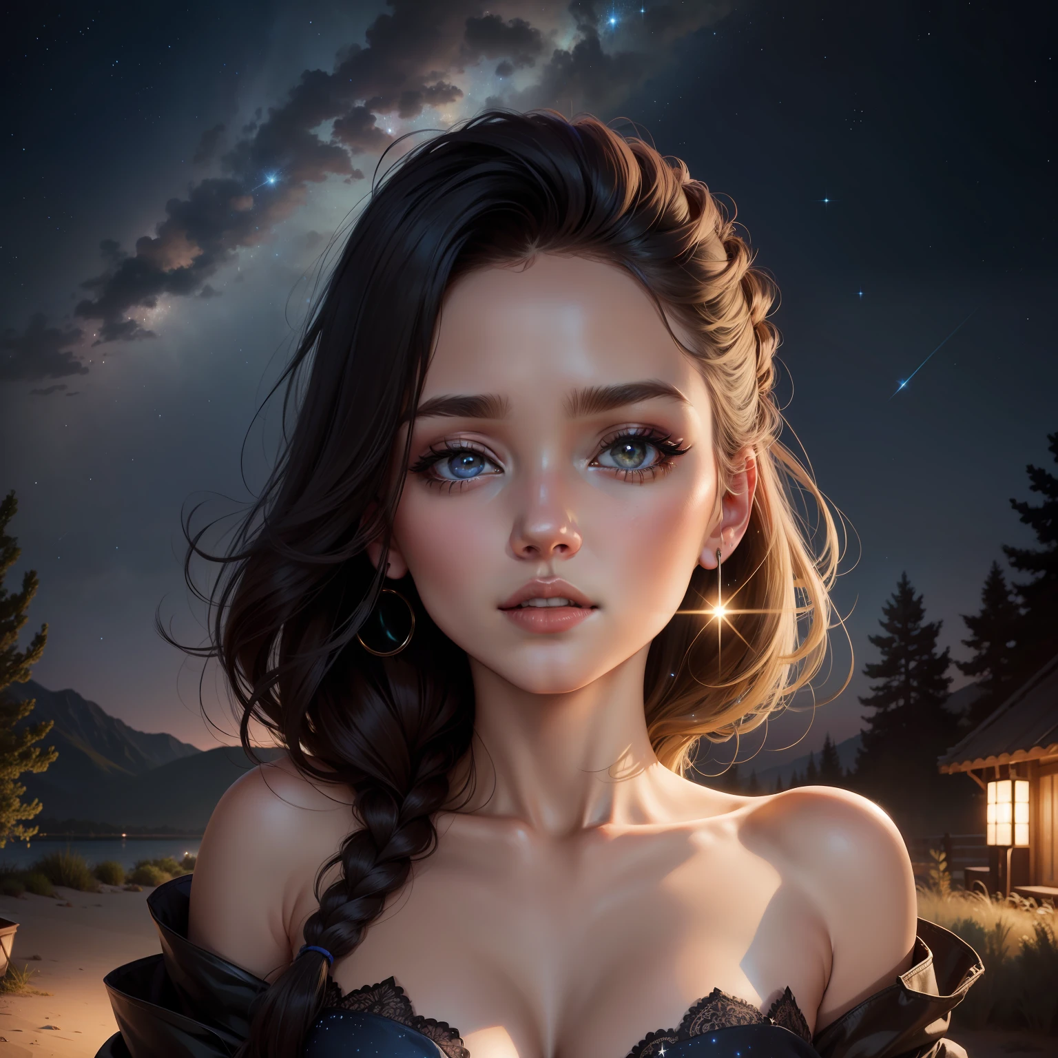 Masterpiece, best quality, 8K Wallpaper, HDR, octane rendering. A girl in a short tank top, short denim skirt, sandals, camp, mountains, trees, bonfire, starry night sky, beautiful detailed scenery, the girl has (Messy hair over her shoulder, medium black hair), (hair color: 1.4 ), (Beautiful and detailed face with perfect symmetry), (Beautiful and detailed green eyes: 1.2), (smooth lips, lipstick, teeth: 1.2), (body with perfect anatomy, perfect natural texture, high details, glowing skin), cinematic lighting, vivid colors, detailed illustration, depth of field