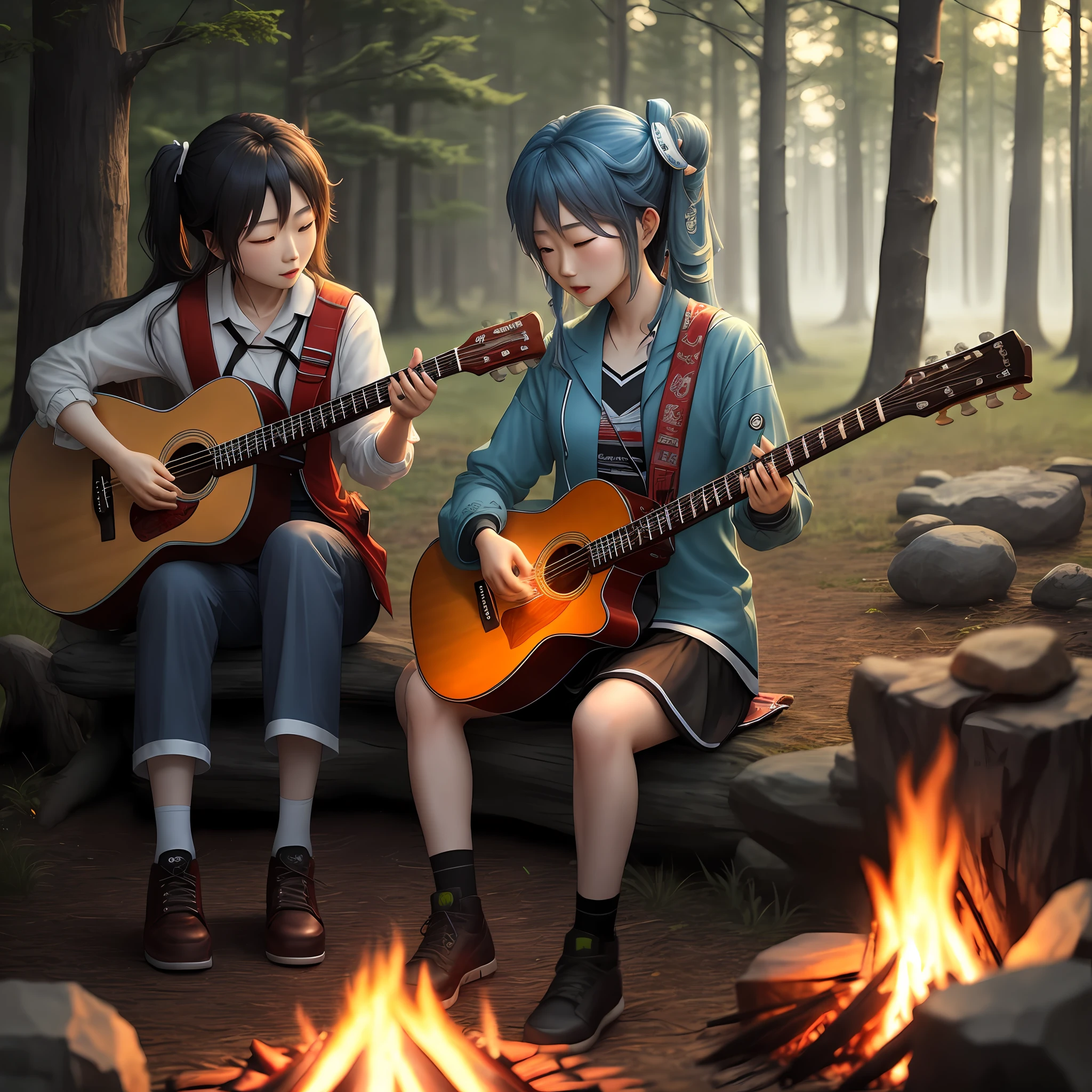 Luo Tianyi played guitar around the campfire