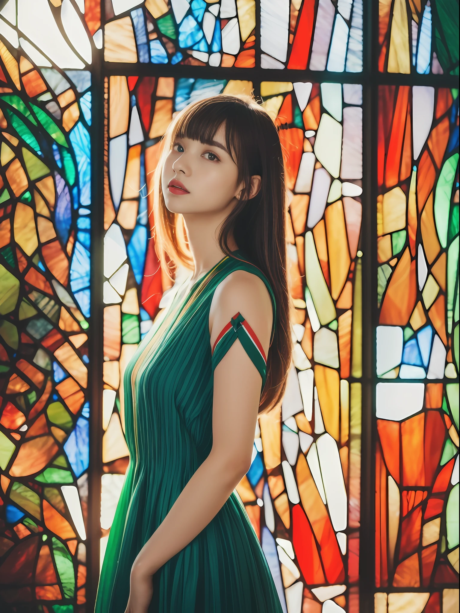 Full body shot, From Side, (8K, Raw photography, top-quality, masuter piece:1.2), ultra-detailliert, ultra res, (realisitic, rialistic photo:1.37), (14 years old girl, Bangs, detailed dress, pumps,  Pose showing clothes), semi long hair, (Tricolor stained glass background:1.37) , very beautiful background, Retro portrait
