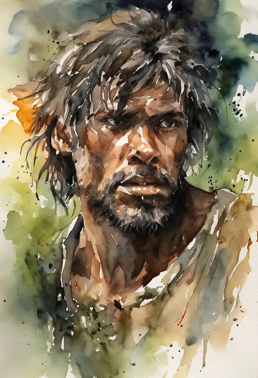 a man is shocked and surprised , scared, messy hair, torn clothes, snake, scary dark jungle, dim light, back light