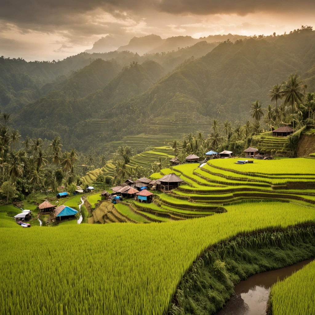 Natural country road with rice paddies and stalls on the edge Indonesia with a small river