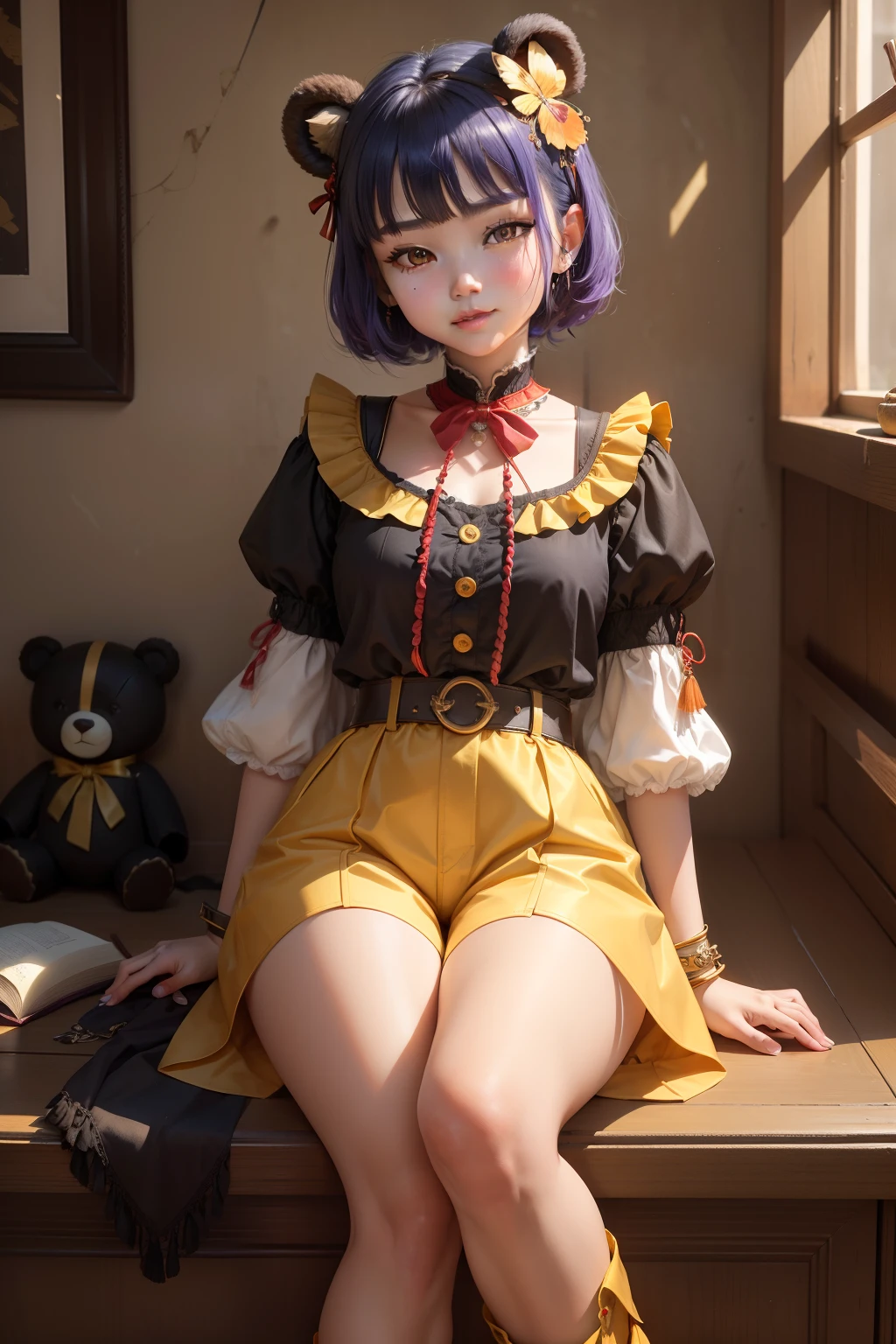 tmasterpiece，best qualtiy，超高分辨率，Detailed details，Short blue hair，Details are flush bangs over eyebrows，The hair is tied into a butterfly braid，16 yaers old，Kizi，largeeyes，Golden pupils，Antique light yellow short sleeves，Antique black and light yellow dressed shorts，Orange leg ring on the right foot，Antique black boots，A bear doll hangs on the right side of the waist，Hang rubies on the left，Details hold ancient purple spears in the back，Very confident eyes，Detail lines smile mouth，Red bow on chest，The belt is light yellow，Left hand orange bracelet。