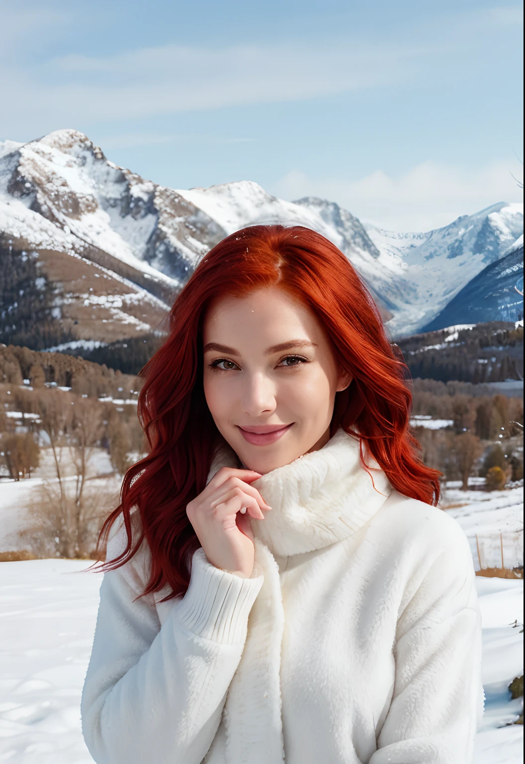 1 woman, ((intense and detailed skin)), ((vibrant red hair)), stunning portrait,light smile, peace fingers, best quality, high quality, realistic, masterpiece, majestic snowy mountains, snow-covered peaks, crisp white landscape, winter wonderland, frozen beauty, icy surroundings, serene atmosphere, natural lighting, clear blue sky, atmospheric perspective, detailed clothing, warm attire, cozy outfit, elegant presence, confident expression, tranquil scene, captivating beauty, breathtaking view, vibrant colors, artistically rendered, cinematic style, meticulous attention to detail.