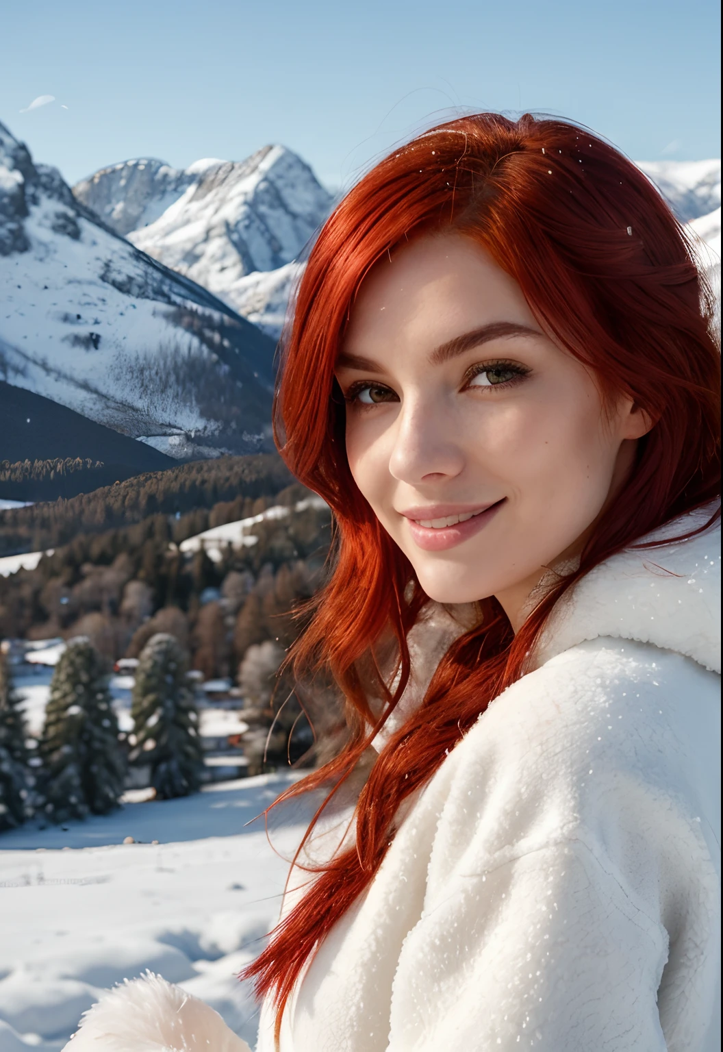 1 woman, ((intense and detailed skin)), ((vibrant red hair)), stunning portrait,light smile, peace fingers, best quality, high quality, realistic, masterpiece, majestic snowy mountains, snow-covered peaks, crisp white landscape, winter wonderland, frozen beauty, icy surroundings, serene atmosphere, natural lighting, clear blue sky, atmospheric perspective, detailed clothing, warm attire, cozy outfit, elegant presence, confident expression, tranquil scene, captivating beauty, breathtaking view, vibrant colors, artistically rendered, cinematic style, meticulous attention to detail.