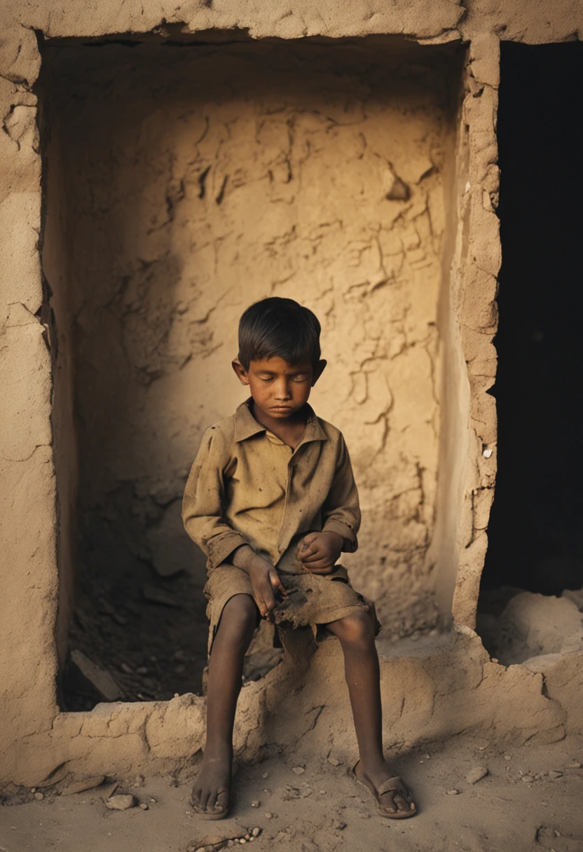 Amidst the desolation of a war-ravaged landscape, a 4-year-old boy sits on a fragment of a broken wall, his tiny fingers delicately grasping the pin of a deactivated hand grenade. Behind him, a solemn figure shrouded in darkness stands—an embodiment of death's presence, patiently awaiting his fate. The scene captures the juxtaposition of innocence and the inevitability of mortality, creating a haunting atmosphere that speaks to the aftermath of conflict. Photo taken by Nadav Kander with a Leica M10-P and a 50mm lens. The lighting blends the eerie glow of post-war remnants with cinematic lighting, casting poignant shadows that underline the weight of the moment. 8K, Ultra-HD, Super-Resolution. --v 5 --q 2