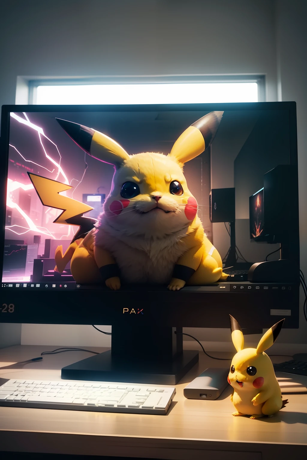 There is a computer monitor,There is a picture of Pikachu on it, gamer screen on metallic desk, nipple play, ambient lighting from top, 8 k wide shot, upscaled to 4 k, upscaled to 4k, colorful computer screen, vibrant backlit, 8k in the style, RGB lighting, computer setup, background is heavenly, 8 K cut