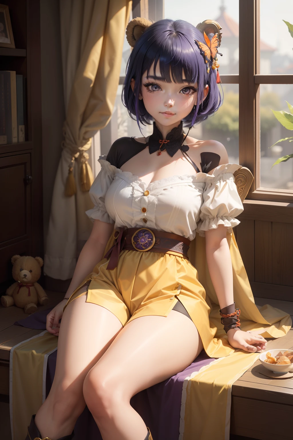 tmasterpiece，best qualtiy，超高分辨率，Detailed details，Short blue hair，Details are flush bangs over eyebrows，The hair is tied into a butterfly braid，16 yaers old，Kizi，largeeyes，Golden pupils，Antique light yellow short sleeves，Antique black and light yellow dressed shorts，Orange leg ring on the right foot，Antique black boots，A bear doll hangs on the right side of the waist，Hang rubies on the left，Details hold ancient purple spears in the back，Very confident eyes，Detail lines smile mouth，Red bow on chest，The belt is light yellow，Left hand orange bracelet。