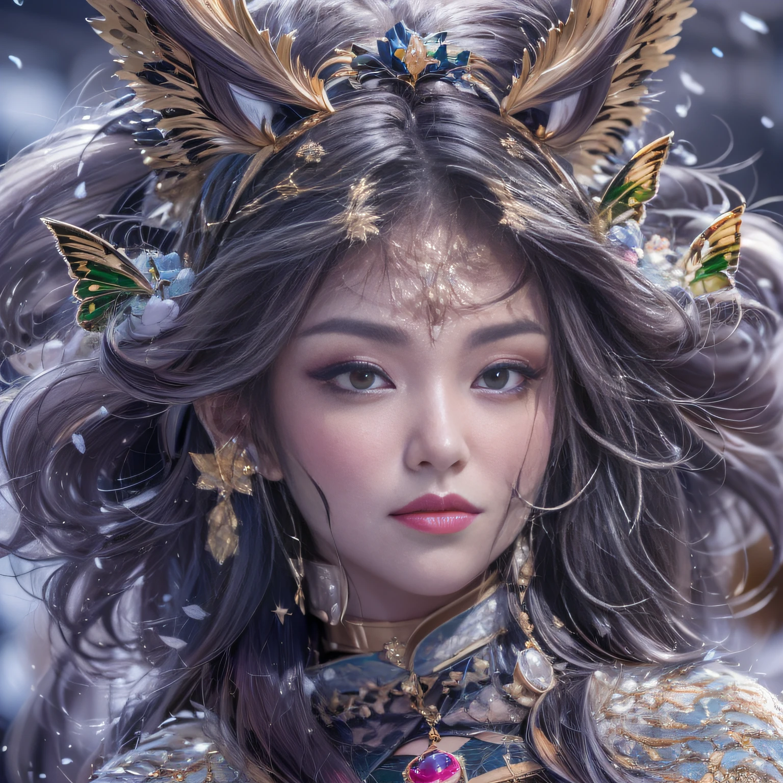 32K(tmasterpiece,k hd,hyper HD,32K)Purple-pink flowing hair,Gold jewelry area in the back room,King Girl ,Green Bronze Dragon Protector (realisticlying:1.4),Python pattern robe,Purple-pink tiara,Snowflakes fluttering,The background is pure,Hold your head high,Be proud,The nostrils look at people, A high resolution, the detail, RAW photogr, Sharp Re, Nikon D850 Film Stock Photo by Jefferies Lee 4 Kodak Portra 400 Camera F1.6 shots, Rich colors, ultra-realistic vivid textures, Dramatic lighting, Unreal Engine Art Station Trend, cinestir 800,Hold your head high,Be proud,The nostrils look at people,Tsundere,Snowflakes fluttering,Snowflakes fluttering,Snowflakes fluttering,Snowflakes fluttering,Impeccable,Exaggerated and unfounded feelings about one's own importance and talents (pompous). Focus on unlimited butterfly fantasies, influencer, power, information, Beauty, Or perfect love. Attributed to the special and unique,Only the highest quality people should be associated